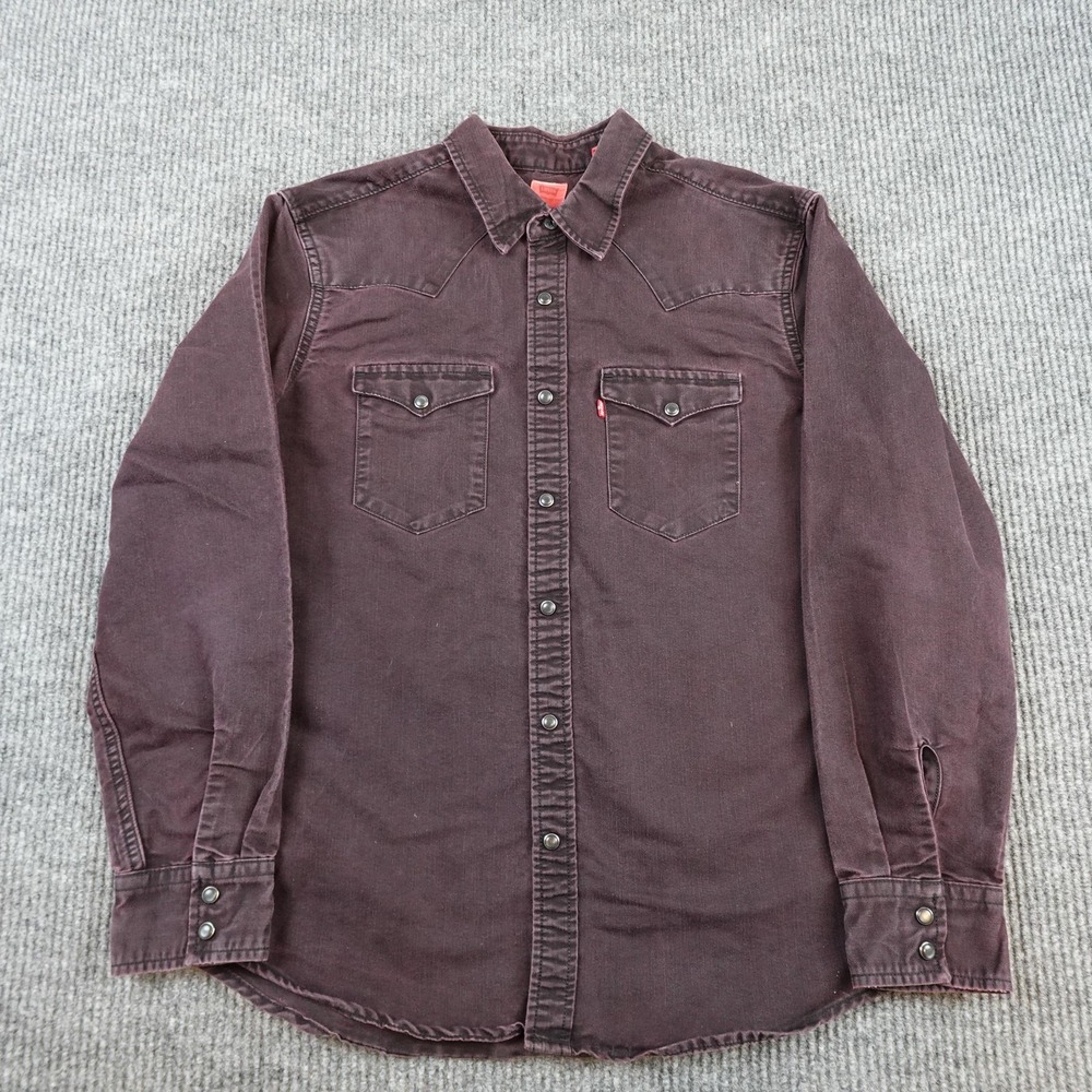 Vintage Levis Pearl Snap Shirt Mens Large Burgundy Denim Long Sleeve Western